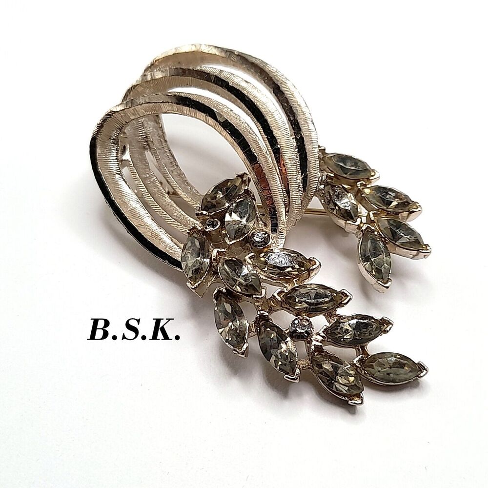 Vintage BSK Leaf Brooch Gray Rhinestone Silver Tone 1960s Signed